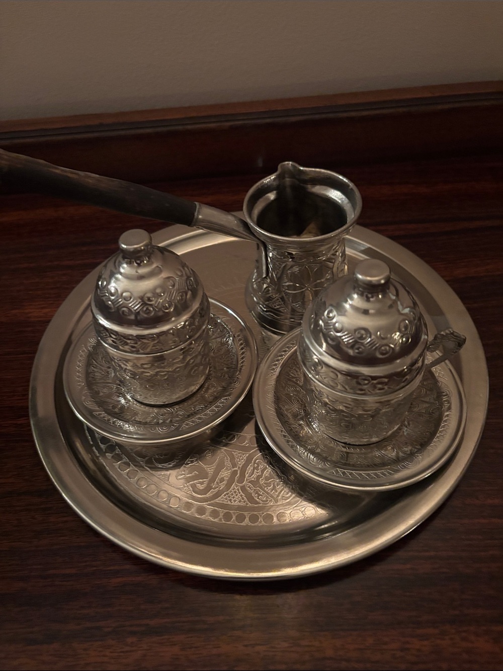 Silver-Tone Turkish Coffee Serving Set with Tray and Cezve
